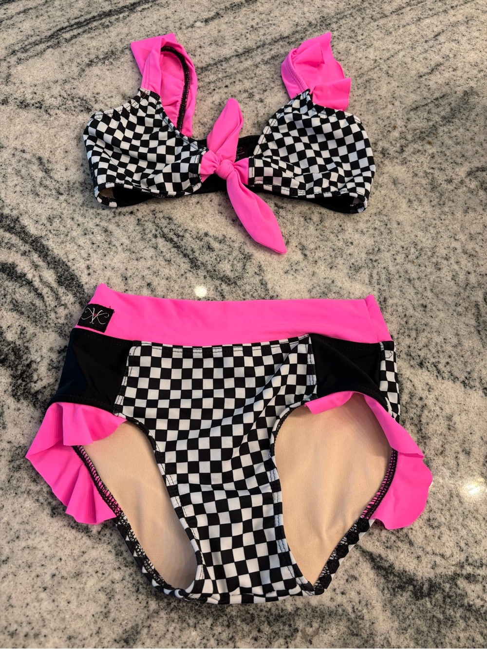 Black & White Checkerboard Bikini with Hot Pink Trim